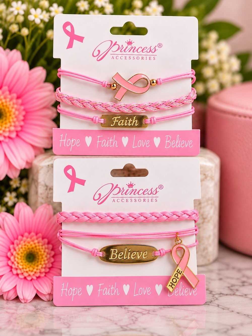 🎀 Breast Cancer Awareness Faith & Believe Bracelets – 2 Piece Set